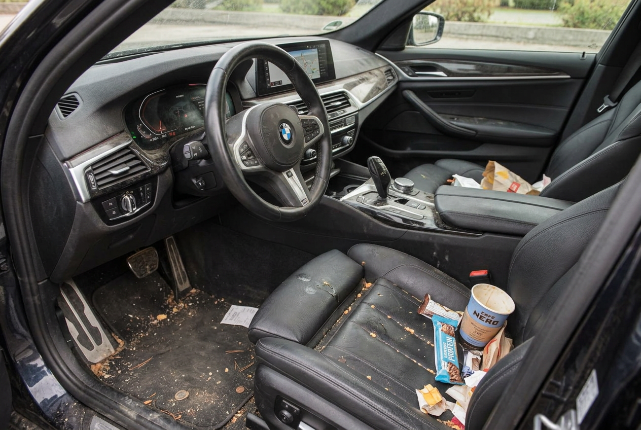 Bilinteriör före och efter interiörvård hos CleanCar Shine – före rengöring